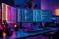 Modern programmer office setup featuring multiple screens displaying code, backlit keyboard, and neon lighting creating Royalty Free Stock Photo