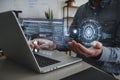 Modern Programmer Working on Futuristic Digital Interface Laptop Technology Software Development Data Analytics Network
