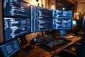 Modern programmer workspace with multiple monitors displaying code, surrounded by technology and plants in a cozy setup