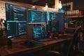 Modern programmer workspace with multiple monitors displaying code, surrounded by technology and plants in a cozy setup