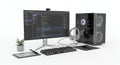 Programming Workspace with Modern Computer Setup Displaying Code and Accessories on White Background for Software Royalty Free Stock Photo