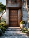 Modern property with wooden door, stone walkway, and lush landscape