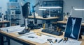 Modern prosthetic leg design in advanced workshop environment with tools and blueprints. concept of innovative technology Royalty Free Stock Photo