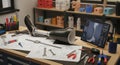 Modern prosthetic limb design and development on a workshop table with tools and digital tablet. concept of innovation, medical Royalty Free Stock Photo