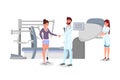 Modern prosthetics flat vector illustration. Happy doctor, surgeon and woman with artificial limb characters. Successful