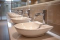 Modern public bathroom concept row of white ceramic washbasins, faucets