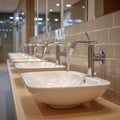 Modern public bathroom concept row of white ceramic washbasins, faucets