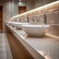 Modern public bathroom concept row of white ceramic washbasins, faucets