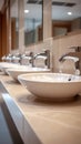 Modern public bathroom concept row of white ceramic washbasins, faucets