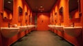 Modern public bathroom with row of white ceramic wash sink basins and faucet with mirror in the restroom, AI generated