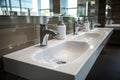 Modern public bathroom with white ceramic wash sink basins and mirror