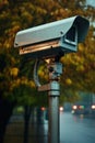 a modern public CCTV camera mounted on an electric pole