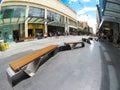 Modern public park bench at Rundle mall Street main shopping center. The image by Fish eyes wide angle lens.