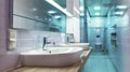 A Modern Public Restroom\'s Calm Ambience, Highlighted by Its Sleek Washstand and Mirror