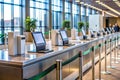 Modern Public Service Desk with Interactive Kiosks and Safety Features Streamlined Customer Experience in a Royalty Free Stock Photo