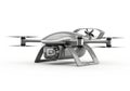 Modern quadcopter drone with camera mounted on a clean white background isolated on white background Royalty Free Stock Photo
