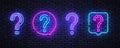 Modern question neon, great design for any purposes. Ask help sign. Blue background. Question neon on light background