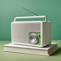 A modern radio in a plain white vintage design sits on top of a plain white hardcover book. Royalty Free Stock Photo