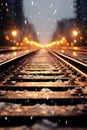 Modern of railroad tracks night, light bokeh, defocused background, cinematic