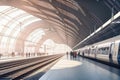 modern railway station with sleek and streamlined trains, passengers waiting for their ride