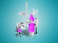 Modern raspberry dental chair with dentistry tools in small children front view 3d rendering on blue background with shadow