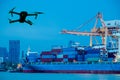 Shipping port. Logistics cargo ship and drone