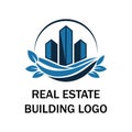 Modern Real Estate Building Logo Design with Blue Skyscraper and Leaf Elements Royalty Free Stock Photo