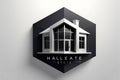 A Modern Real Estate Logo - Sleek, Minimalistic House Outline Encased in a Hexagon, Monochromatic Pale Elegance