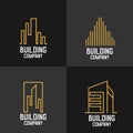 Modern real estate logotypes set. Golden house icon logo isolated black. Building real estate gold sign architecture shape vector Royalty Free Stock Photo