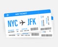 Modern and realistic airline ticket design with flight time and passenger name. Vector stock illustration. Royalty Free Stock Photo