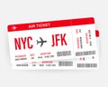 Modern and realistic airline ticket design with flight time and passenger name. Vector stock illustration. Royalty Free Stock Photo