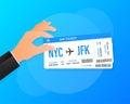 Modern and realistic airline ticket with flight time and passenger name. Hnad icon. Vector illustration Royalty Free Stock Photo