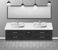 Modern realistic bathroom interior design. Bathroom furniture with bathroom sink and mirror grey wall with wooden floor