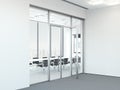 Modern realistic bright meeting room with large panoramic windows, 3d rendering