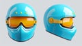 Modern realistic illustration of a 3D retro blue helmet with yellow glasses and visor isolated on white background for Royalty Free Stock Photo