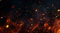 Modern realistic illustration of fire sparks, smoke, embers and fire on black background. Overlay effect of a burning Royalty Free Stock Photo