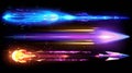 A modern realistic illustration of rocket light trails isolated on a black background. Colors are neon blue, purple Royalty Free Stock Photo