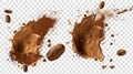 A modern realistic illustration of shredded ground coffee and arabica grains with splashes of brown dust isolated on Royalty Free Stock Photo