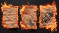 Modern realistic illustration of smoldering notebook pages with checked patterns and flames. Smoldering notebook pages