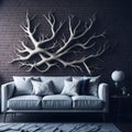 Modern Realistic Living Room Interior Design, Cozy Sofa Front Of Wall With Art Handmade Wood Branch Decorative Piece Panel, Royalty Free Stock Photo