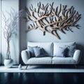 Modern Realistic Living Room Interior Design, Cozy Sofa Front Of Wall With Art Handmade Wood Branch Decorative Piece Panel, Royalty Free Stock Photo