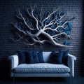 Modern Realistic Living Room Interior Design, Cozy Sofa Front Of Wall With Art Handmade Wood Branch Decorative Piece Panel,