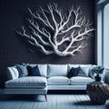 Modern Realistic Living Room Interior Design, Cozy Sofa Front Of Wall With Art Handmade Wood Branch Decorative Piece Panel, Royalty Free Stock Photo