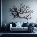 Modern Realistic Living Room Interior Design, Cozy Sofa Front Of Wall With Art Handmade Wood Branch Decorative Piece Panel, Royalty Free Stock Photo