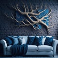 Modern Realistic Living Room Interior Design, Cozy Sofa Front Of Wall With Art Handmade Wood Branch Decorative Piece Panel, Royalty Free Stock Photo