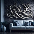 Modern Realistic Living Room Interior Design, Cozy Sofa Front Of Wall With Art Handmade Wood Branch Decorative Piece Panel,