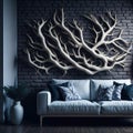 Modern Realistic Living Room Interior Design, Cozy Sofa Front Of Wall With Art Handmade Wood Branch Decorative Piece Panel, Royalty Free Stock Photo