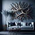 Modern Realistic Living Room Interior Design, Cozy Sofa Front Of Wall With Art Handmade Wood Branch Decorative Piece Panel, Royalty Free Stock Photo