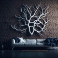 Modern Realistic Living Room Interior Design, Cozy Sofa Front Of Wall With Art Handmade Wood Branch Decorative Piece Panel, Royalty Free Stock Photo