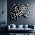 Modern Realistic Living Room Interior Design, Cozy Sofa Front Of Wall With Art Handmade Wood Branch Decorative Piece Panel, Royalty Free Stock Photo